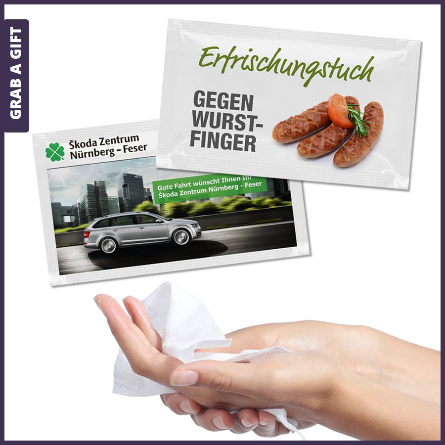 Verfrissingsdoekjes in bedrukt zakje