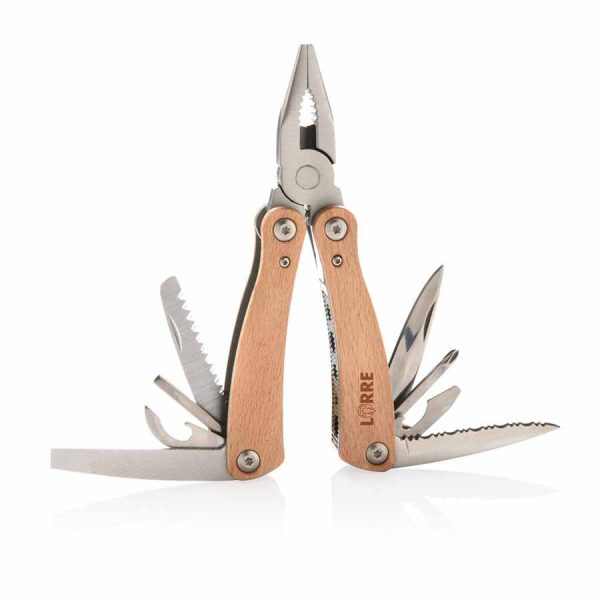 Beukenhouten en RVS 13-functie multitool.